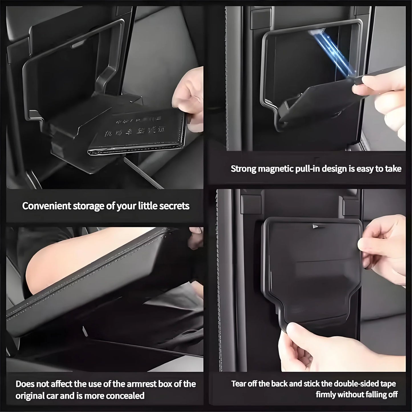 Hidden Armrest Storage Box for Tesla Model Y Juniper & Model 3 Highland – Concealed ABS Organizer with Magnetic Closure