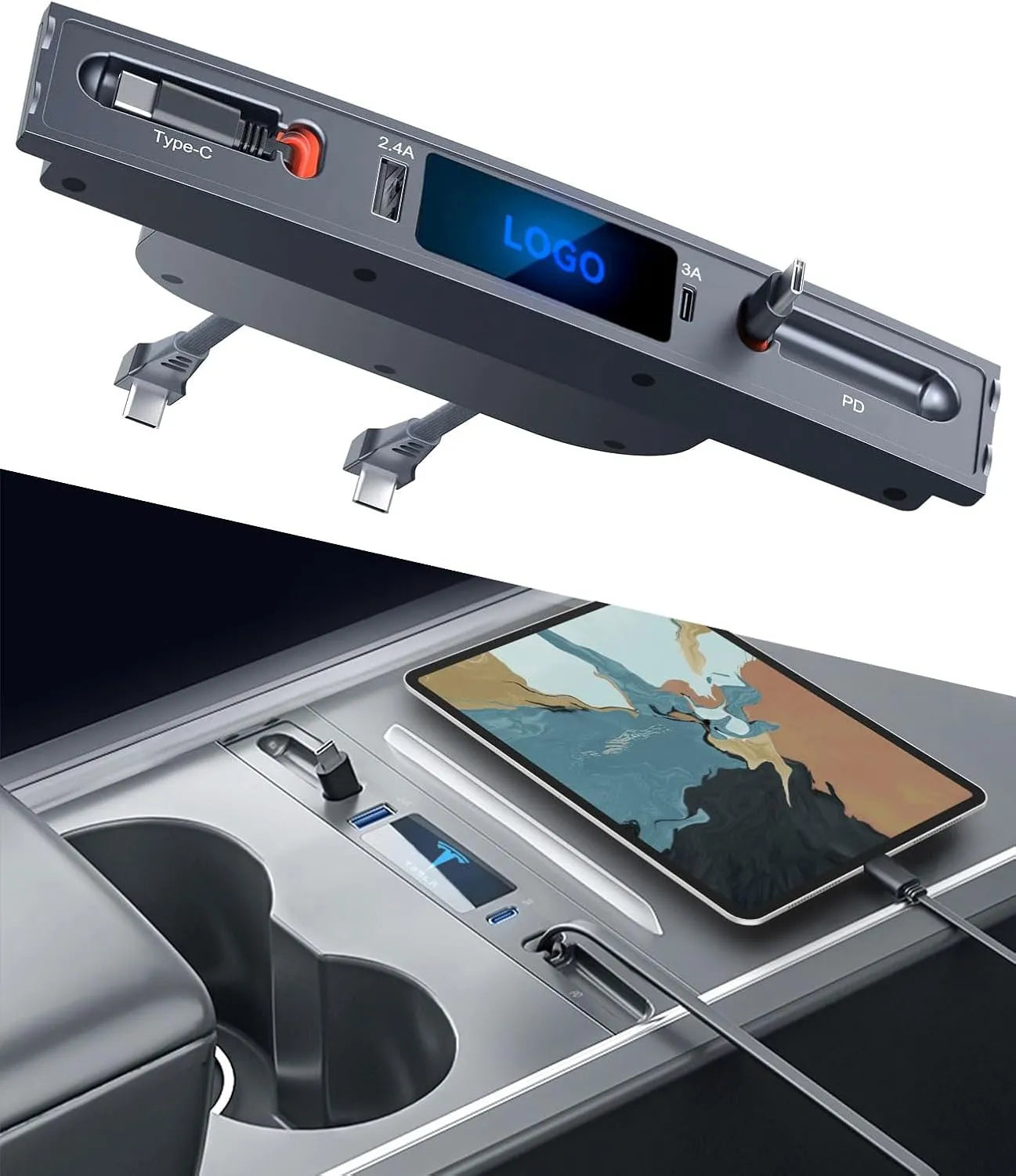 Center Console USB Hub Docking Station with Smart Touch Sensor for Tesla Model 3 & Model Y (2021–2023)