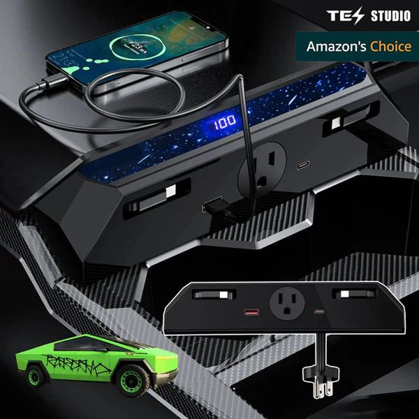Center Console USB Charger Hub 2.0 for Tesla Cybertruck (2024+) | 110V AC Power Outlet, 30W PD Fast Charging, QC3.0, USB-A & USB-C Ports, Retractable Cables, Seamless OEM Integration