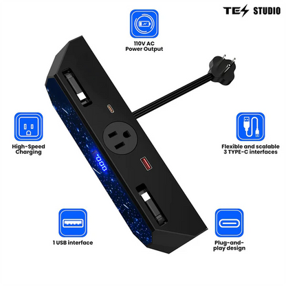 Center Console USB Charger Hub 2.0 for Tesla Cybertruck (2024+) | 110V AC Power Outlet, 30W PD Fast Charging, QC3.0, USB-A & USB-C Ports, Retractable Cables, Seamless OEM Integration