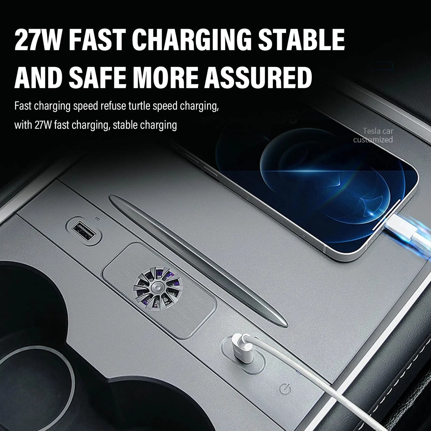 27W Fast Charging USB Hub with Aromatherapy Diffuser for Tesla Model 3 & Model Y (2021–2025) – Multi-Port USB Expansion Dock, OEM Fit Interior Charging Station for iPhone, Dashcam & Accessories