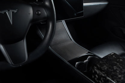 Carbon Fiber Center Console Covers for Tesla Model 3 & Model Y – Old Flip-Up Center Console (3-Piece Overlay Kit)