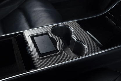 Carbon Fiber Center Console Covers for Tesla Model 3 & Model Y – Old Flip-Up Center Console (3-Piece Overlay Kit)