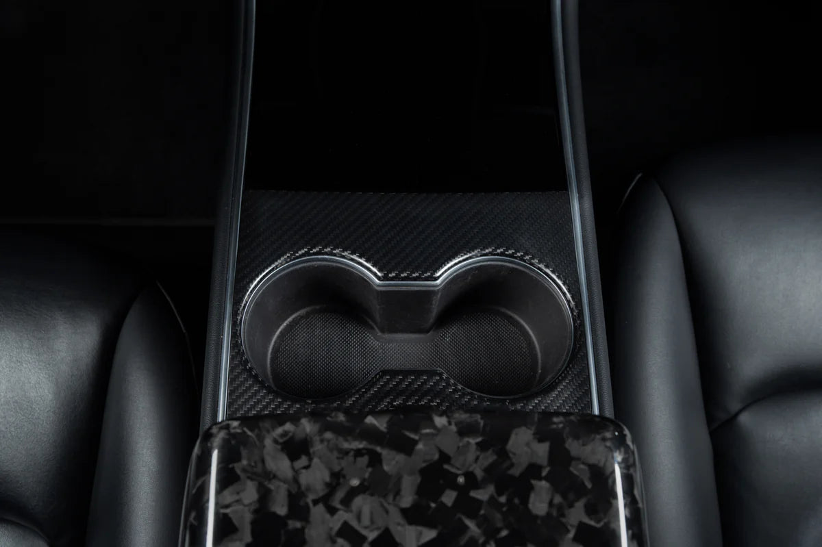 Carbon Fiber Center Console Covers for Tesla Model 3 & Model Y – Old Flip-Up Center Console (3-Piece Overlay Kit)