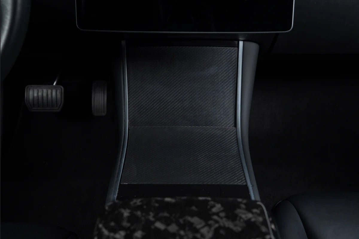 Carbon Fiber Center Console Covers for Tesla Model 3 & Model Y – Old Flip-Up Center Console (3-Piece Overlay Kit)