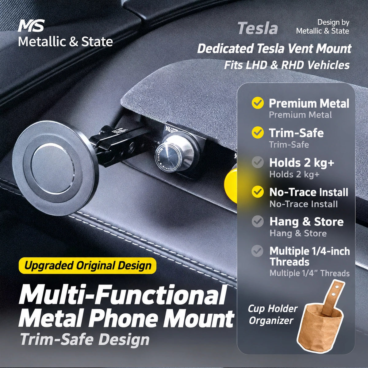 Tesla Model 3 & Model Y Metal Vent Hook with Phone Mount Options - English detail 4