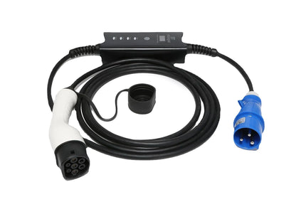 Portable Type 2 EV Charger | 32A 250V | 3-Pin Blue CEE Plug | 16ft Cable | Adjustable Amperage | IP55
