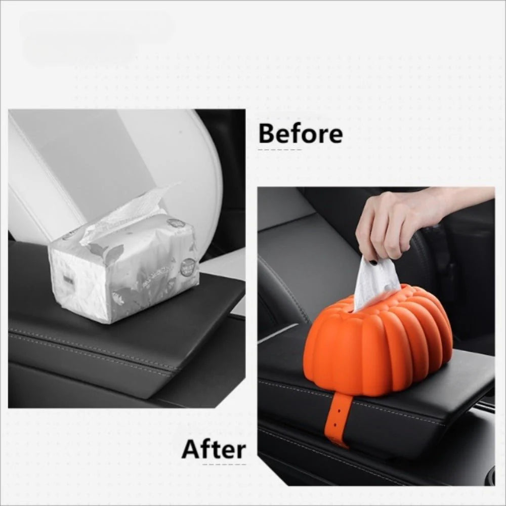 Pumpkin-Shaped Silicone Tissue Box Holder for Tesla Model 3 Model Y Model S Model X – Universal Fit, Washable, Eco-Friendly Interior Accessory
