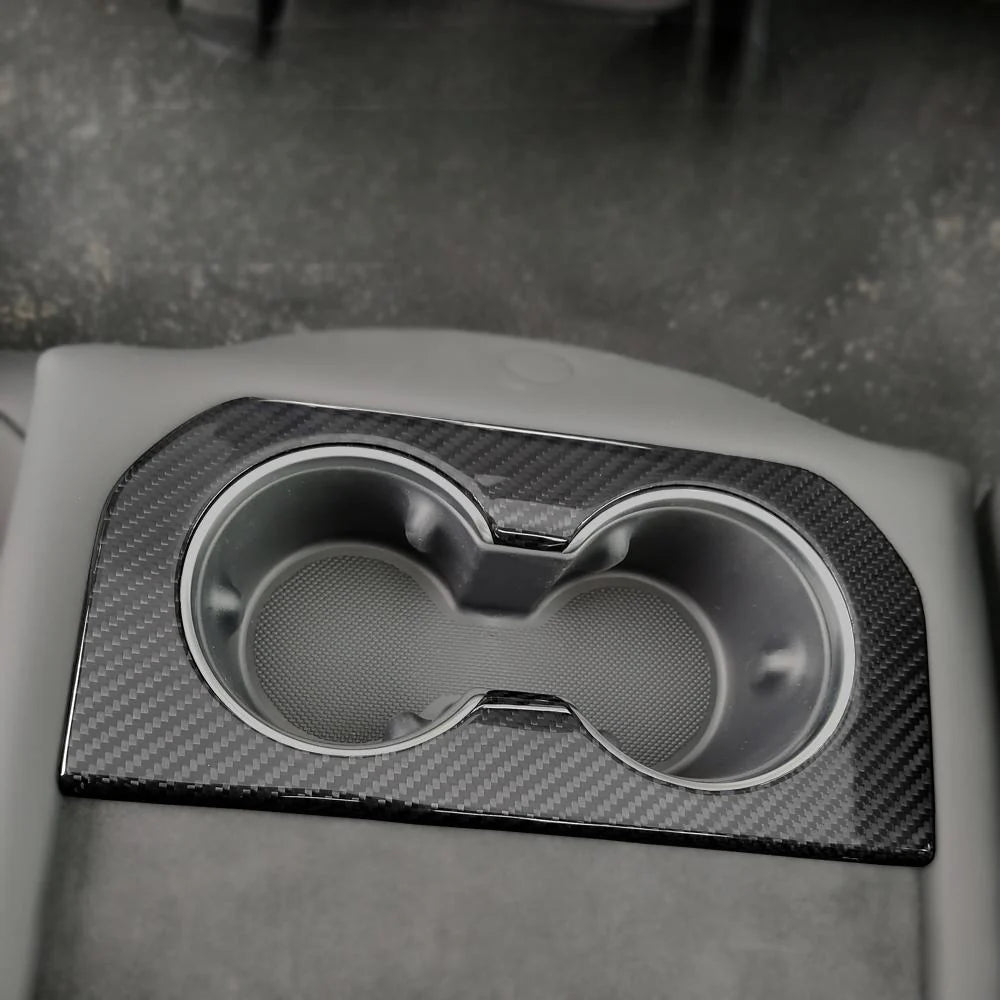 Dry Carbon Fiber Rear Cup Holder Frame Overlay for Tesla Model X/S (2023+) – Real Molded Carbon Interior Trim Upgrade