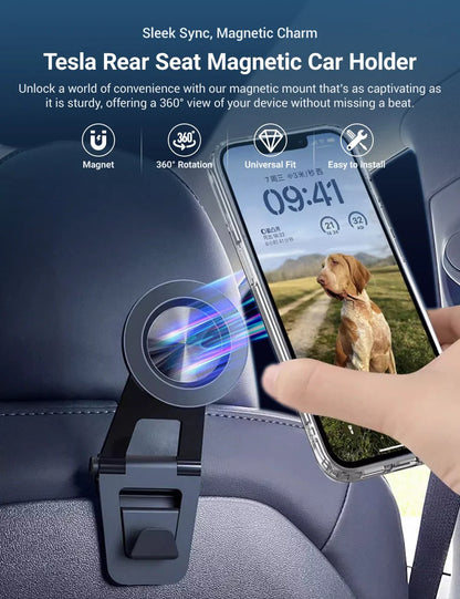 Rear Seat Magnetic Tablet & Phone Holder for Tesla Model 3 / Model S (Clip-In, 360° Rotatable)