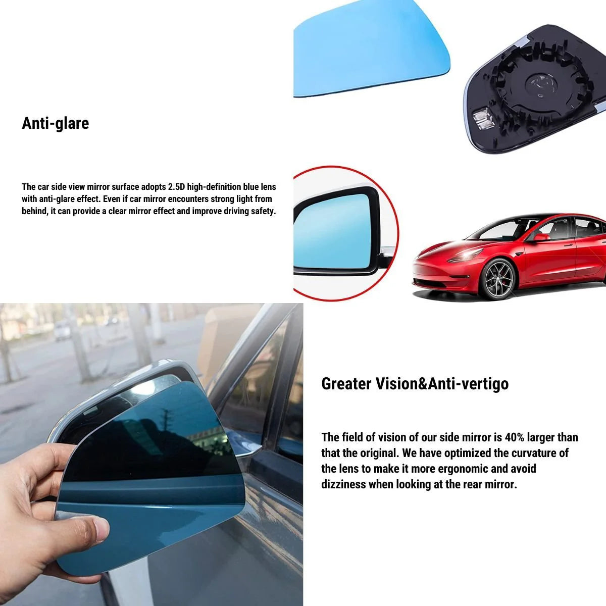 Premium Rearview Mirror Blade for Tesla Model 3 Model Y Model S Model X – Anti-Glare, Heated, Wide-Angle Lens