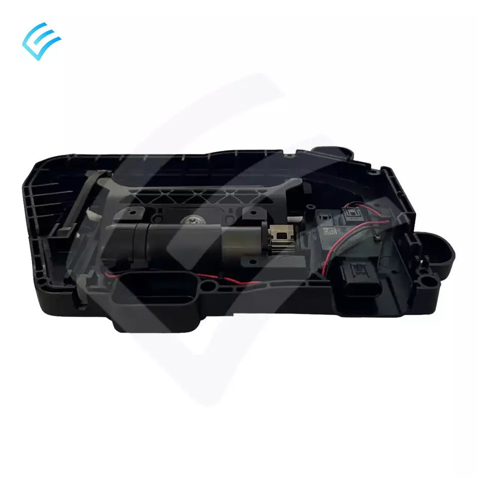Side view of OEM Tesla Model S left front door handle mechanism showing motor housing, connector and red wire
