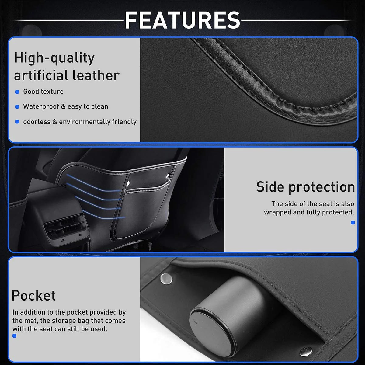 Seat Back Kick Protector for Tesla Model 3 & Model Y (2017–2025) | Faux Leather Seat Back Cover with Storage Pockets | Easy Clean & Tool-Free Installation