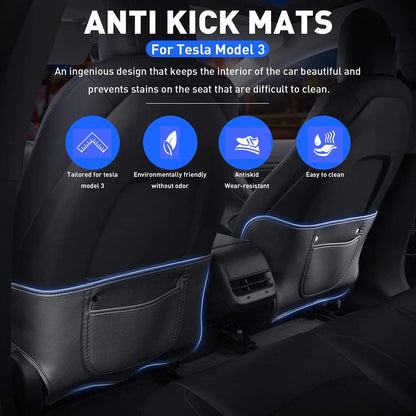 Seat Back Kick Protector for Tesla Model 3 & Model Y (2017–2025) | Faux Leather Seat Back Cover with Storage Pockets | Easy Clean & Tool-Free Installation