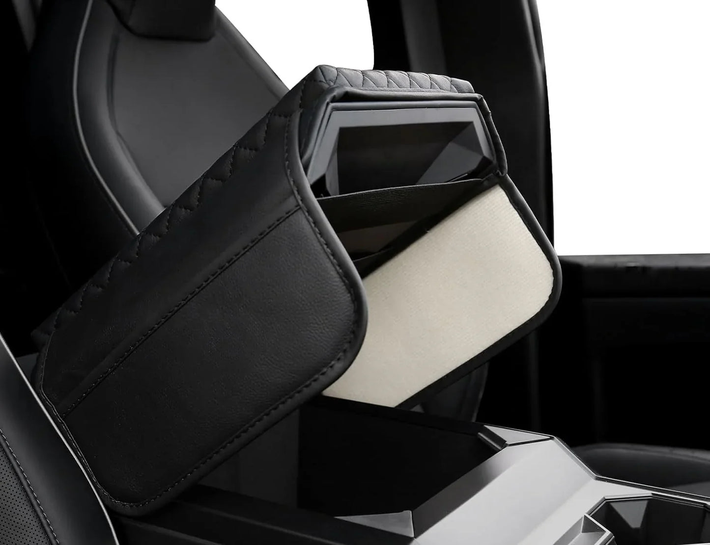 Tesla Cybertruck Padded Center Armrest Cover with Side Storage Pockets – Premium Leather Protector, Custom Fit Interior Accessory | Model Cybertruck