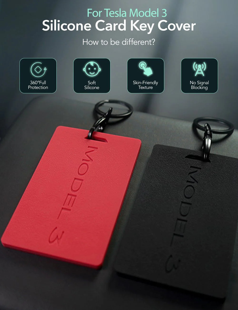 Silicone Key Card Holder for Tesla Model 3 & Model Y (2017–2024) | Anti-Slip, Waterproof, 360° Protection with Keychain | Black / Red