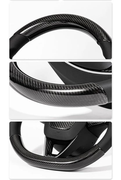 Real Dry Carbon Fiber Steering Wheel Trim Covers for Tesla New Model Y & Model 3 Highland (2024+) | Precision-Fit Interior Upgrade