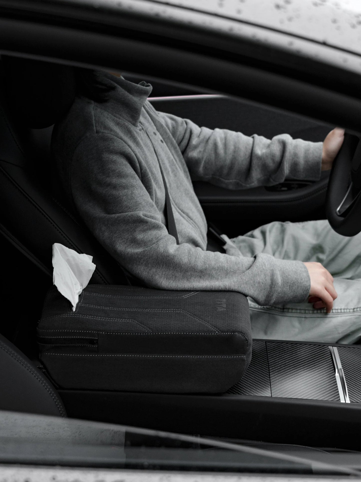 Suede Armrest Cover with Raised Cushion & Built-In Tissue Box for Tesla Model Y Juniper & Model 3 Highland | Premium Faux Suede Console Protector