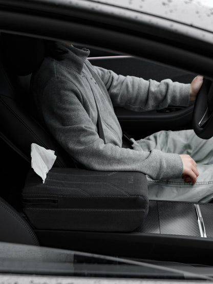 Suede Armrest Cover with Raised Cushion & Built-In Tissue Box for Tesla Model Y Juniper & Model 3 Highland | Premium Faux Suede Console Protector