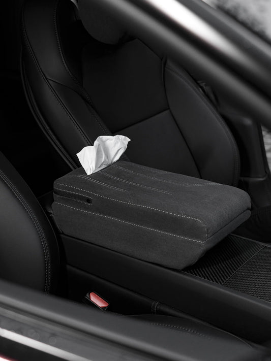 Suede Armrest Cover with Raised Cushion & Built-In Tissue Box for Tesla Model Y Juniper & Model 3 Highland | Premium Faux Suede Console Protector