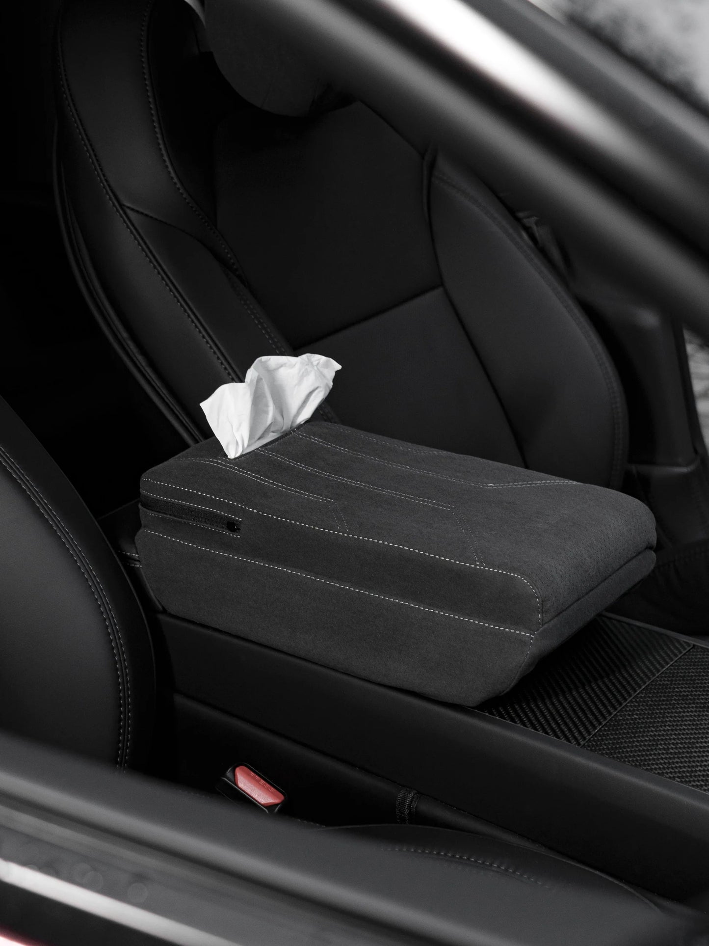 Suede Armrest Cover with Raised Cushion & Built-In Tissue Box for Tesla Model Y Juniper & Model 3 Highland | Premium Faux Suede Console Protector