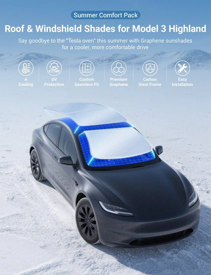 Graphene Roof & Windshield Sunshade Set for Tesla Model 3 Highland – Summer Heat & UV Protection Pack