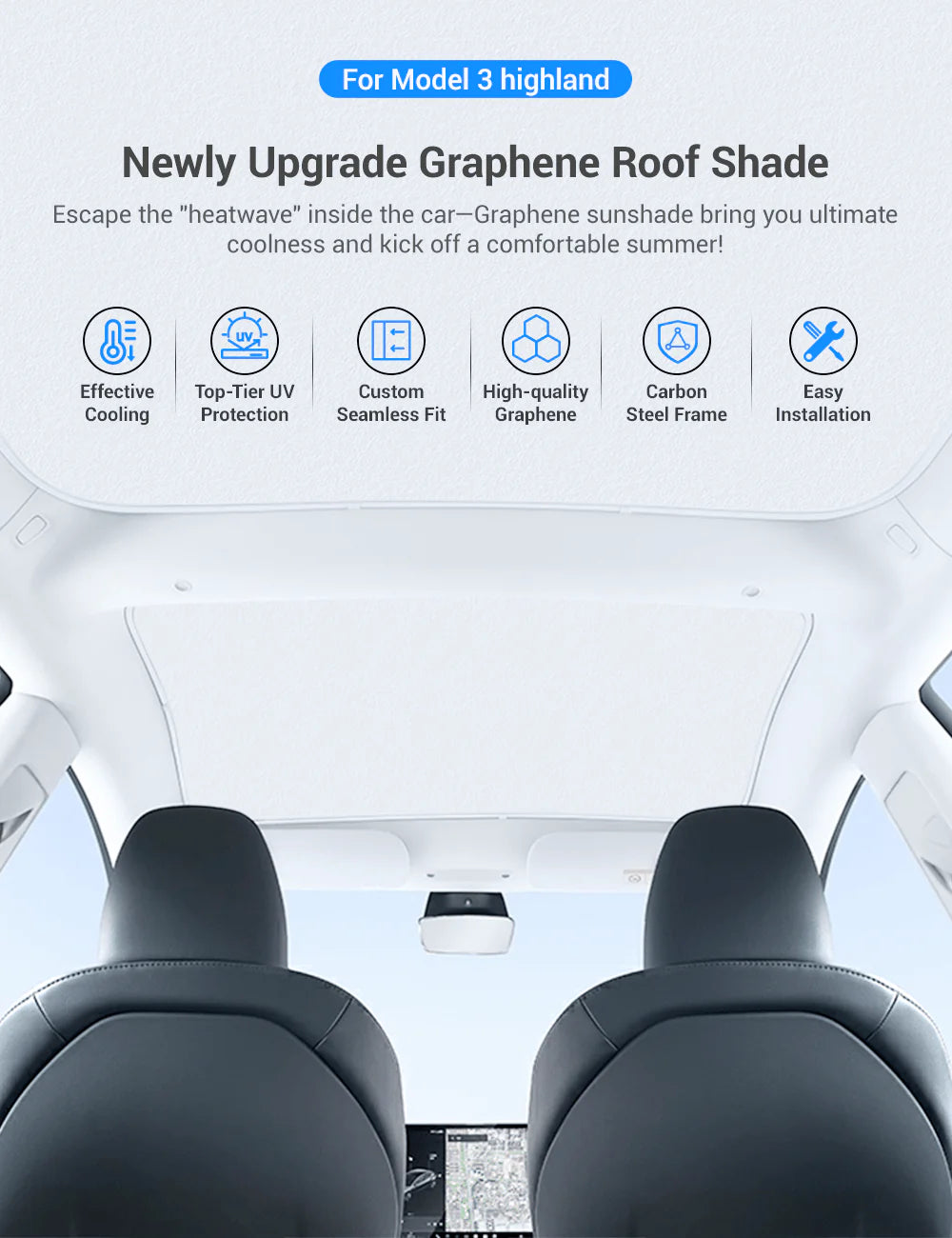 Graphene Roof Sunshade for Tesla Model 3 (2017–Present) – Custom-Fit Glass Roof Shade with UV Protection & Heat Reduction