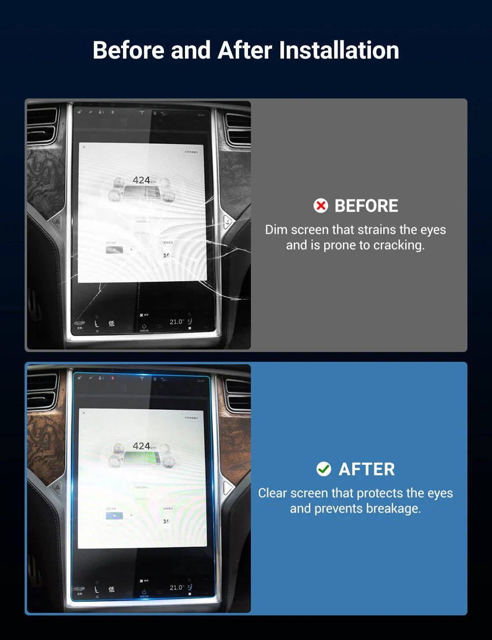 Tempered Glass Screen Protector for Tesla Model S & Model X (17") – Anti-Scratch, Anti-Fingerprint, Blue Light Protection