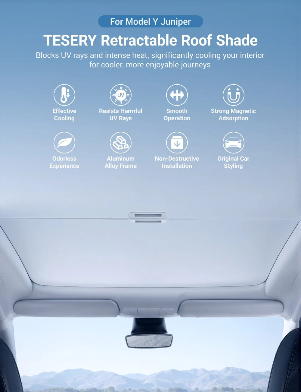 Retractable Glass Roof Sunshade for Tesla Model Y Juniper (UPF50+ Heat & UV Protection)
