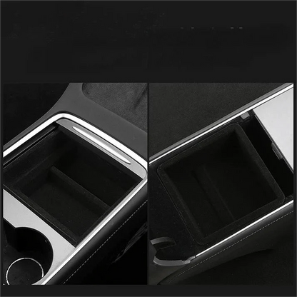 X-Auto Central Control Storage Box for Tesla Model 3 (2021–2023.10) & Model Y (2020–Present) | Hidden Sliding Console Organizer Tray | Flocking, Silicone, or Carbon Fiber Finish