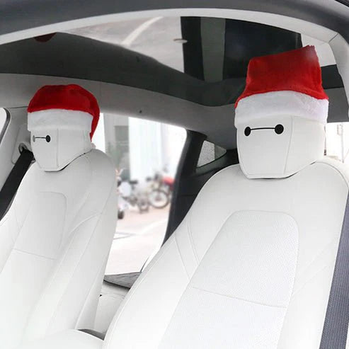 Christmas Car Seat Headrest Cover Decoration for Tesla Model X/S/3/Y | Santa Hat & Reindeer Eyes Holiday Car Interior Accessories