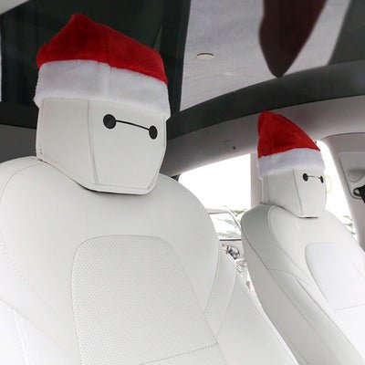 Christmas Car Seat Headrest Cover Decoration for Tesla Model X/S/3/Y | Santa Hat & Reindeer Eyes Holiday Car Interior Accessories
