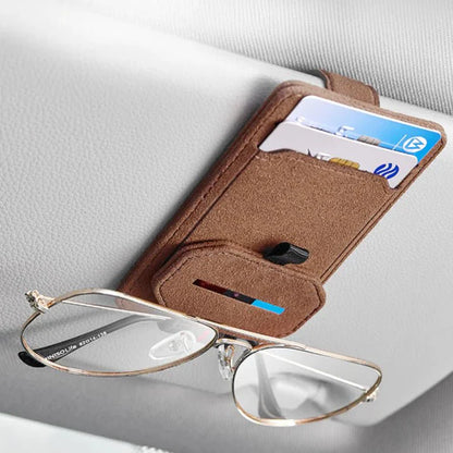 Premium Leather Multi-Functional Sunglasses Holder Clip for Tesla Model 3, Model Y, Model S, Model X – Magnetic Car Sun Visor Glasses Organizer with Card Slots