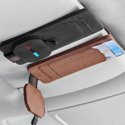 Premium Leather Multi-Functional Sunglasses Holder Clip for Tesla Model 3, Model Y, Model S, Model X – Magnetic Car Sun Visor Glasses Organizer with Card Slots