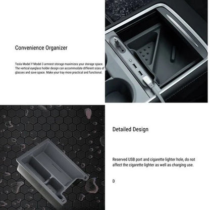 Premium Center Console Organizer Tray Set for Tesla Model 3 & Model Y (3PCS) – Armrest Storage Box with Hidden Compartment & Sunglass Holder