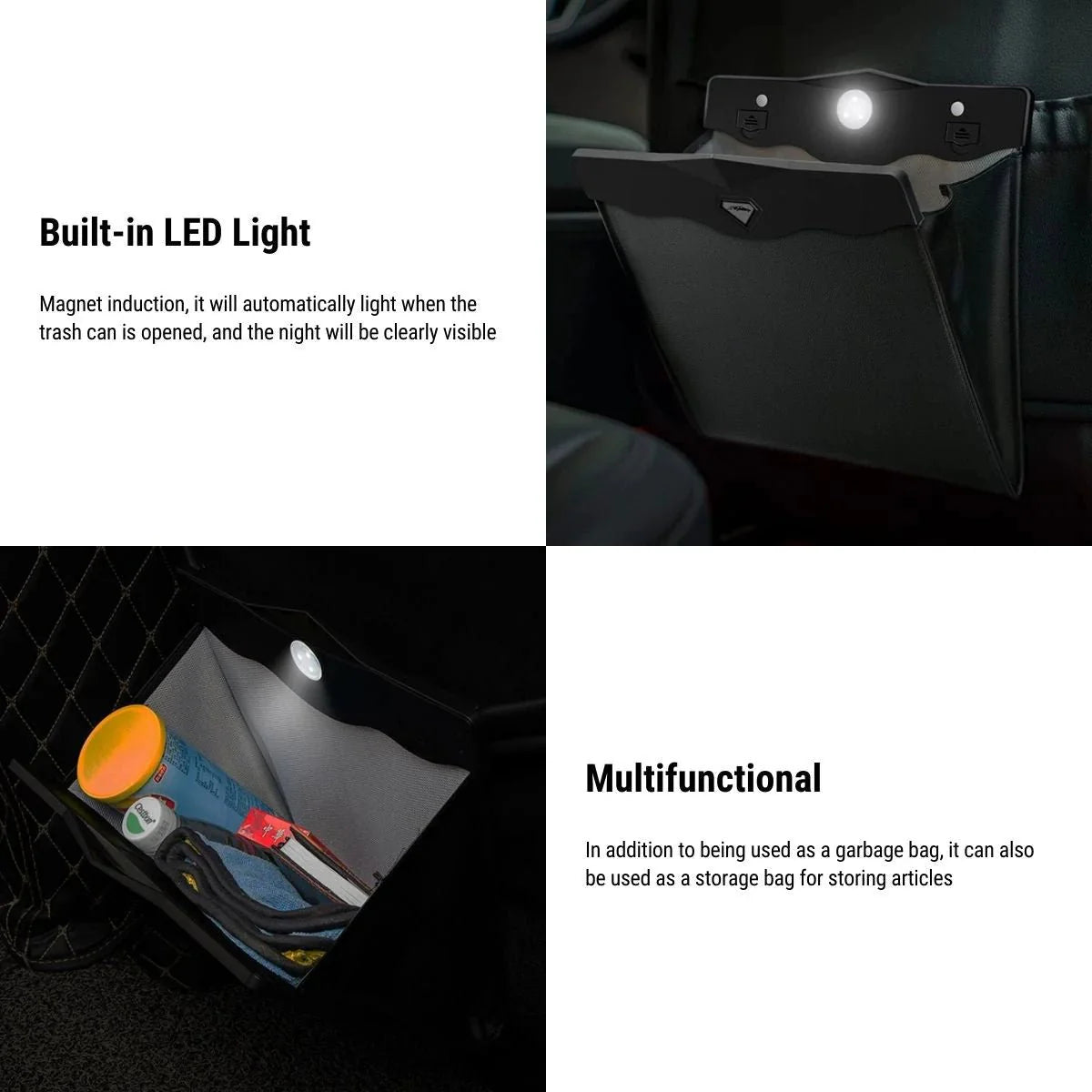 Seat Back Trash Bag with LED Light for Tesla Model X/Y/3 – Leather Car Organizer, Non-Destructive Installation