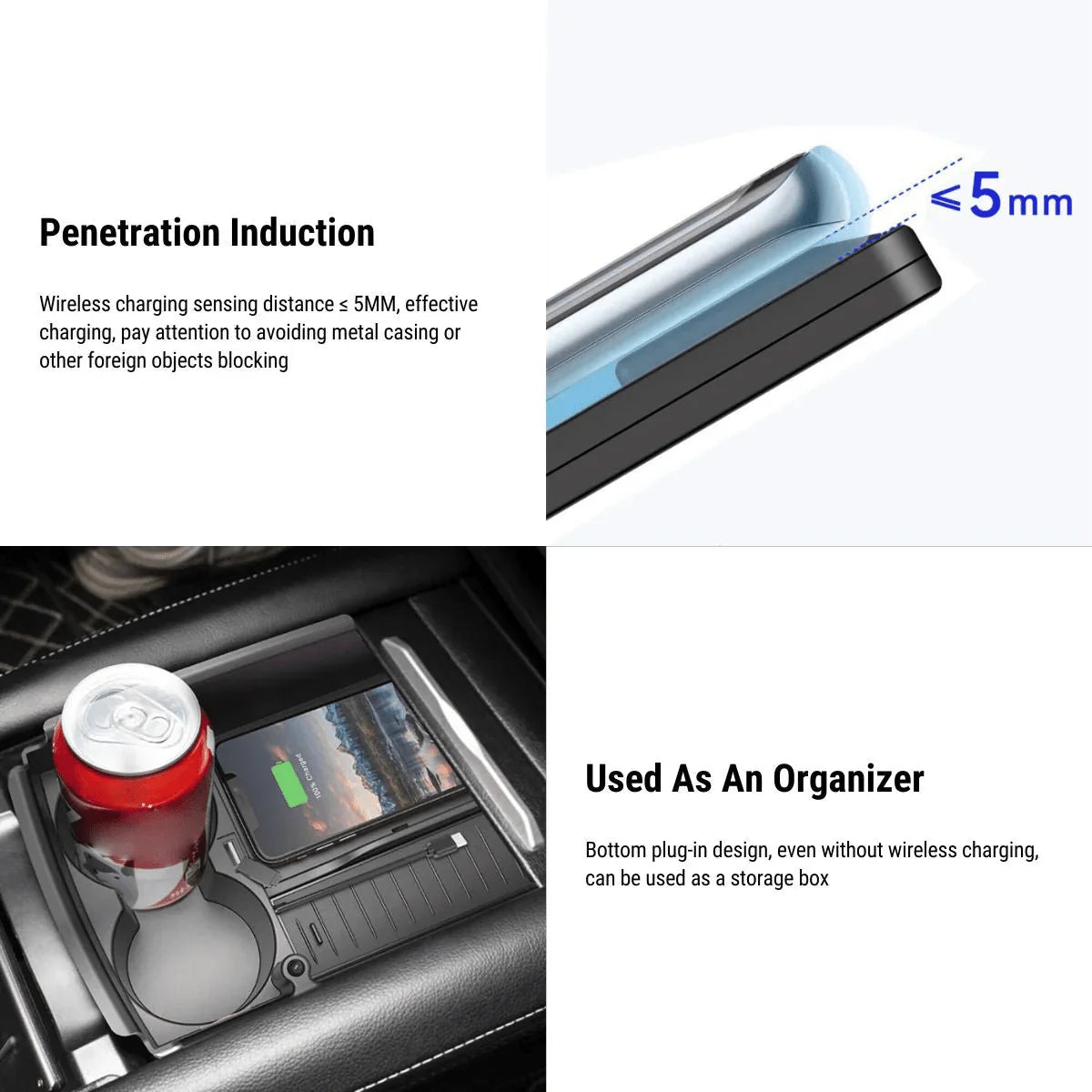 Wireless Phone Charger Center Console Organizer with Cup Holder and LED Indicator for Tesla Model X/S (2017–2021)