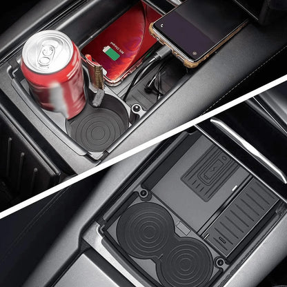 Wireless Phone Charger Center Console Organizer with Cup Holder and LED Indicator for Tesla Model X/S (2017–2021)