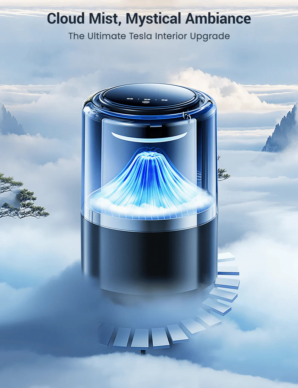 Tesla Model 3/Y/S/X Cloud Mist Car Humidifier  Diffuser with Ambient Lighting – Intelligent Aromatherapy, Touch Control, Automatic Start-Stop