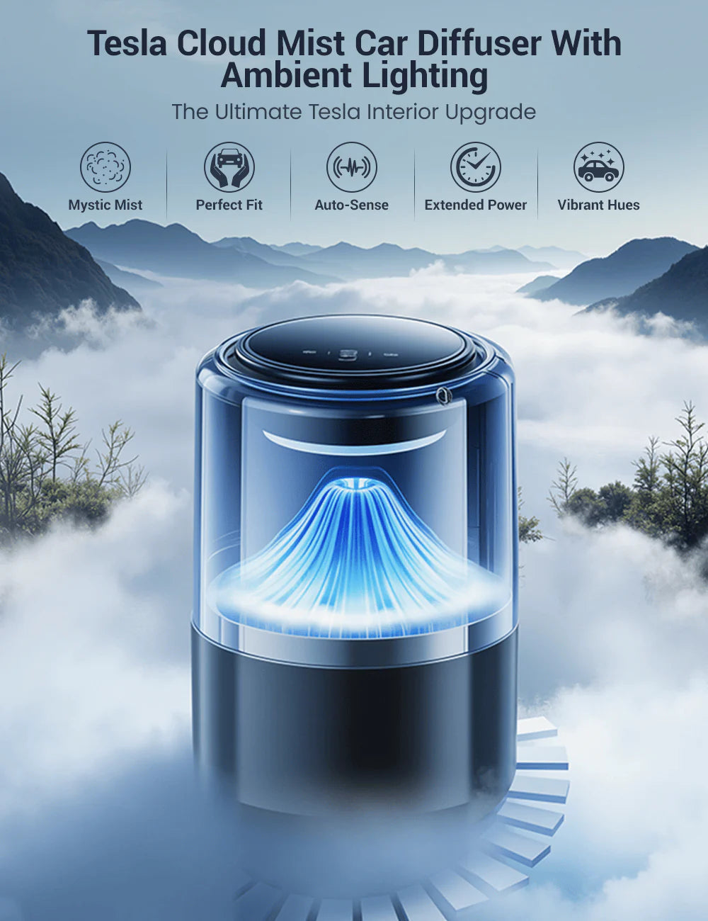 Tesla Model 3/Y/S/X Cloud Mist Car Humidifier  Diffuser with Ambient Lighting – Intelligent Aromatherapy, Touch Control, Automatic Start-Stop