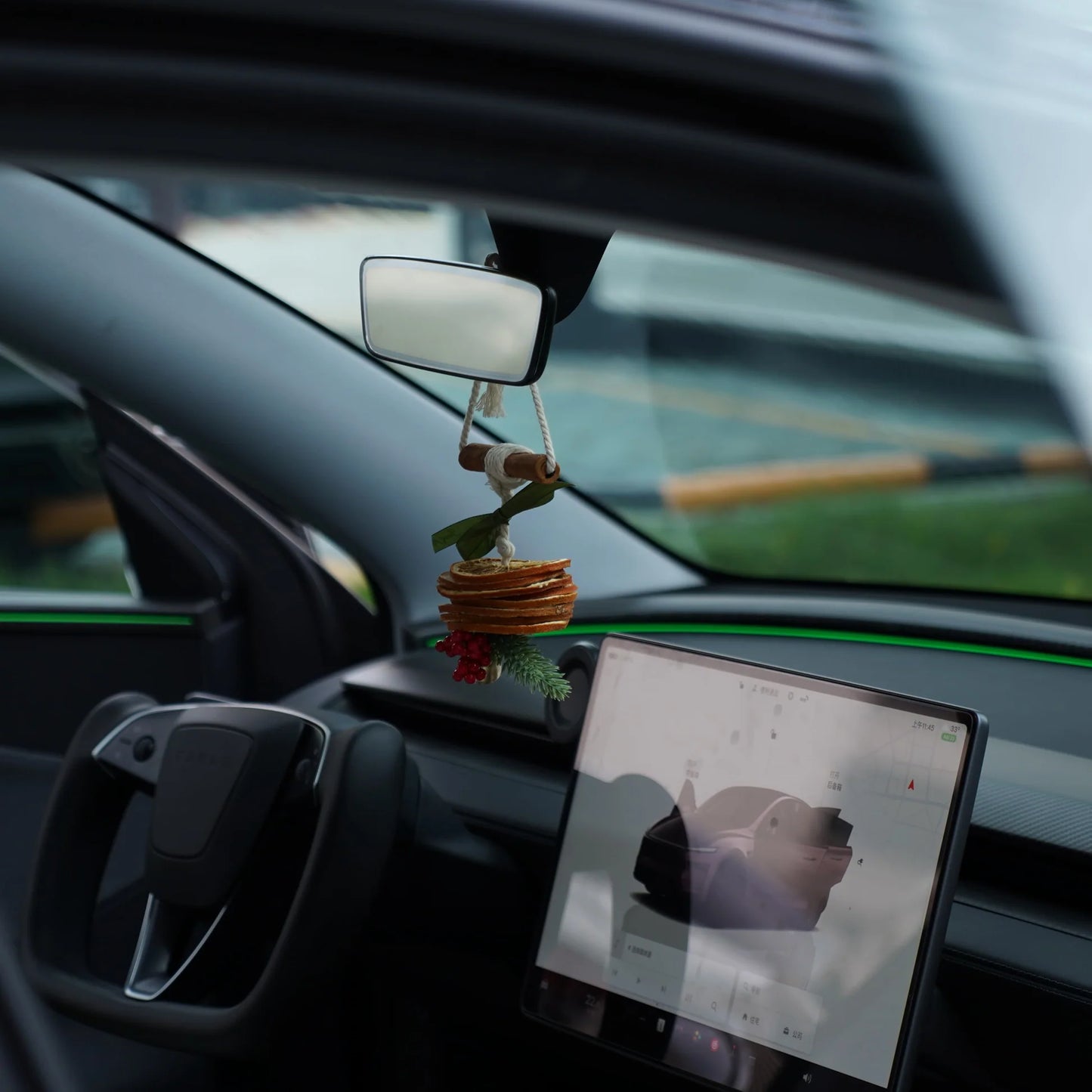 Christmas Car Air Freshener Model 3 Model Y Model S Model X Ornament – Universal Hanging Rearview Mirror Decoration with Natural Mandarin Orange Scent | Festive Auto Interior Accessory