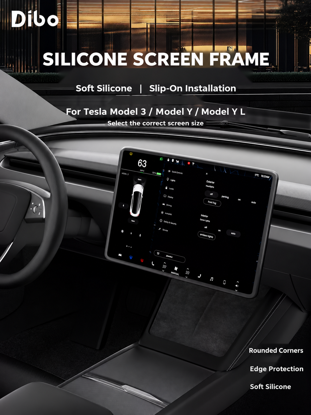 Dibo silicone screen frame for Tesla Model 3 Model Y and Model Y L; select correct screen size
