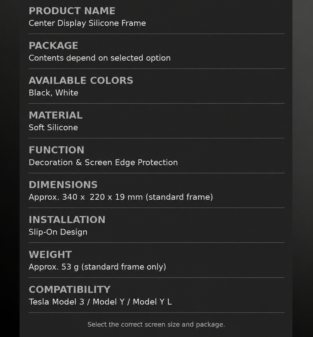 Dibo silicone screen frame specifications, standard frame dimensions and 53 gram weight