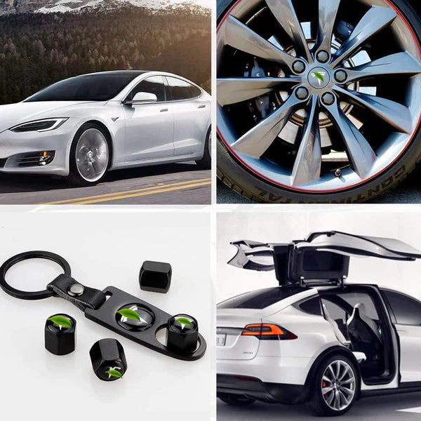Tesla Tire Valve Stem Caps with Logo – Aluminum Alloy, Airtight & Dustproof, Compatible with Tesla Model 3 / Model Y / Model S / Model X, 4pcs Set, Easy Installation