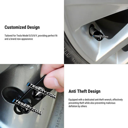Tesla Tire Valve Stem Caps with Logo – Aluminum Alloy, Airtight & Dustproof, Compatible with Tesla Model 3 / Model Y / Model S / Model X, 4pcs Set, Easy Installation