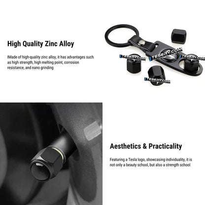 Tesla Tire Valve Stem Caps with Logo – Aluminum Alloy, Airtight & Dustproof, Compatible with Tesla Model 3 / Model Y / Model S / Model X, 4pcs Set, Easy Installation
