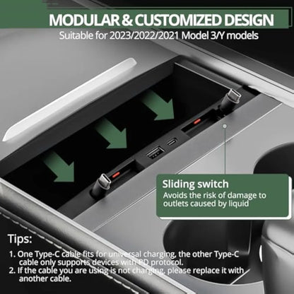 Retractable USB Hub for Tesla Model 3/Y (2017–Present) – 4-Port Fast Charging Center Console Hub with Slide Cover