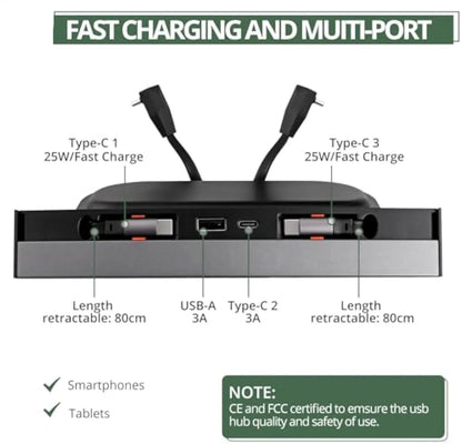 Retractable USB Hub for Tesla Model 3/Y (2017–Present) – 4-Port Fast Charging Center Console Hub with Slide Cover