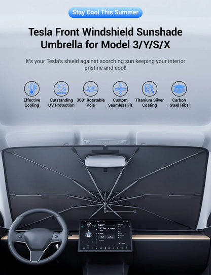 X-Auto Windshield Sunshade Umbrella for Tesla Model 3, Model Y, Model S & Model X (2016–2025) – UV Protection, Heat Reduction, Foldable Auto Sun Umbrella Shade