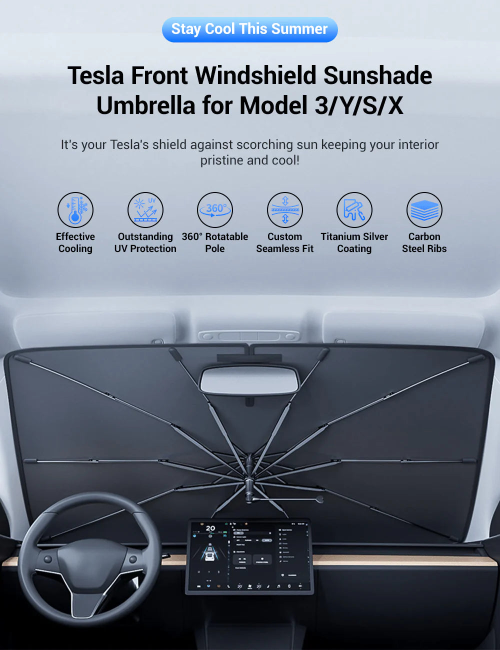 Windshield Sun Shade Umbrella for Tesla Model 3 / Model Y / Model S / Model X – Foldable UV & Heat Insulation Sunshade